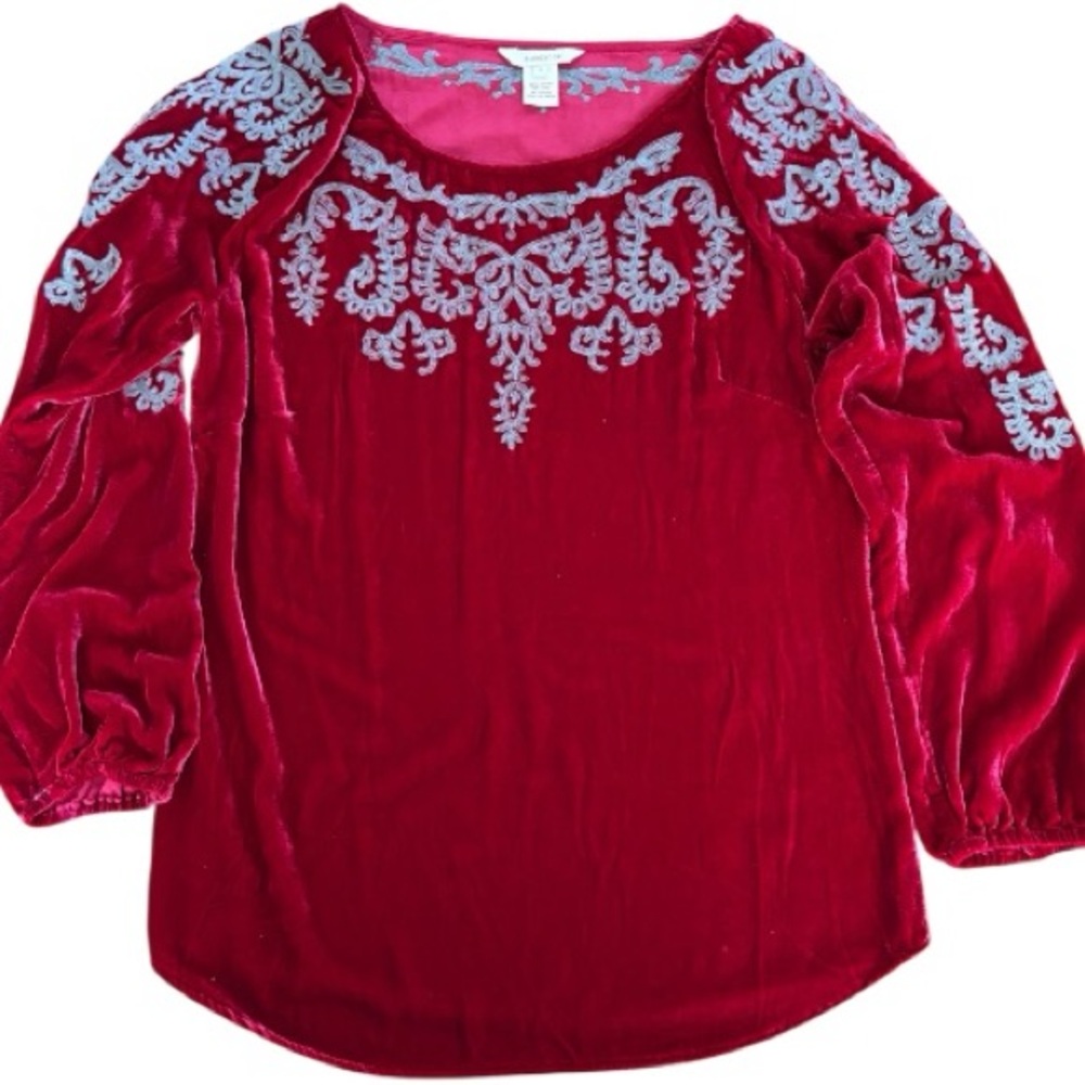 SUNDANCE Women's Velvet Embroidered Top in Crimson Red (S) - Picture 7 of 7